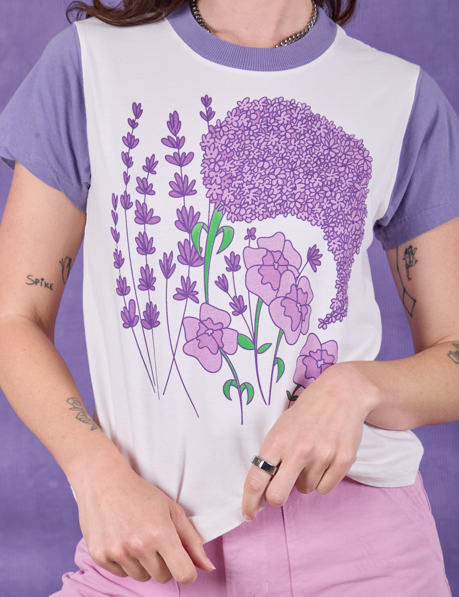 Anniversary Tee in Lush Lilac front close up on Alex