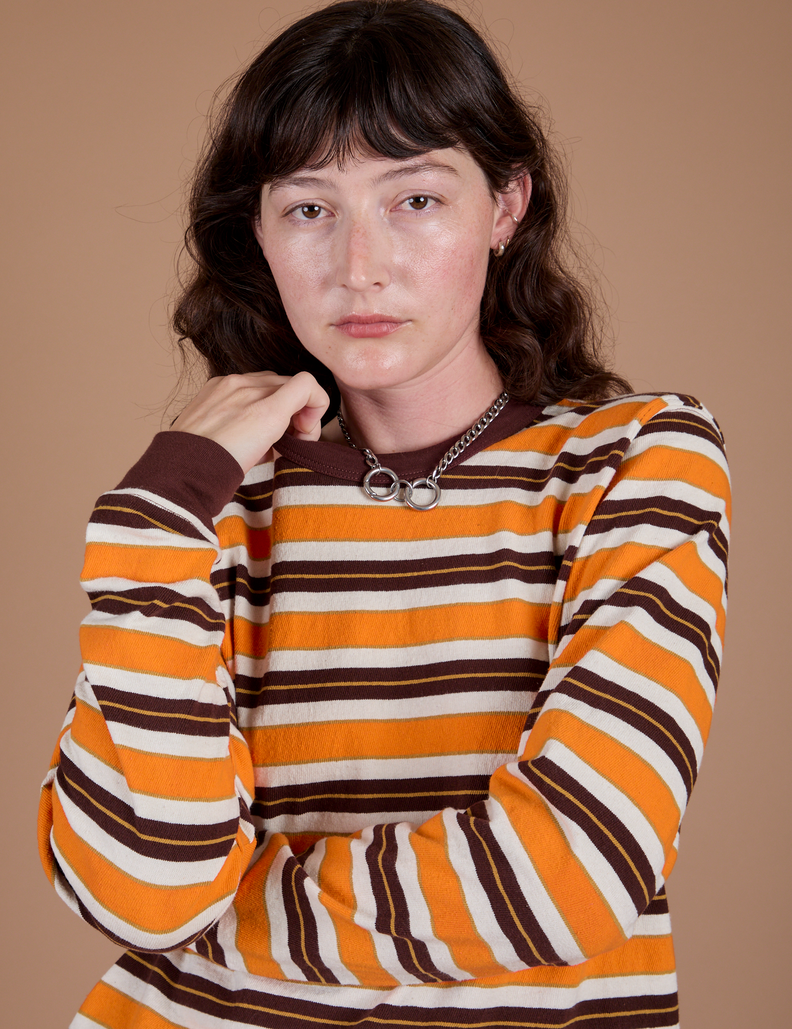 Long Sleeve Striped Burly Tee in Orange worn by Alex