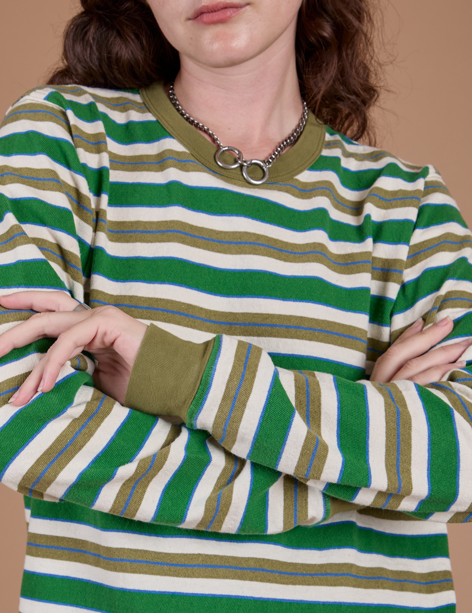 Long Sleeve Striped Burly Tee in Green front close up on Alex
