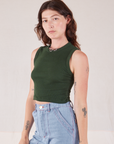 Muscle Tee in Swamp Green angled front view on Alex