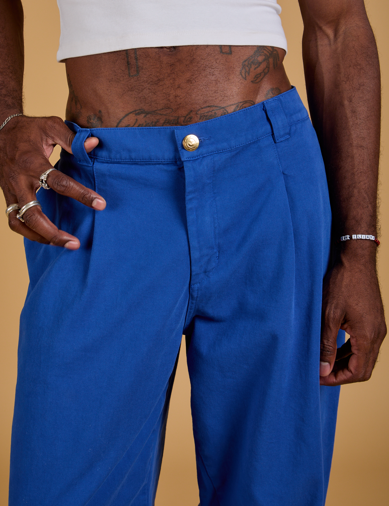 Baggy Mid-Rise Trousers in Royal Blue front close up on Jerrod