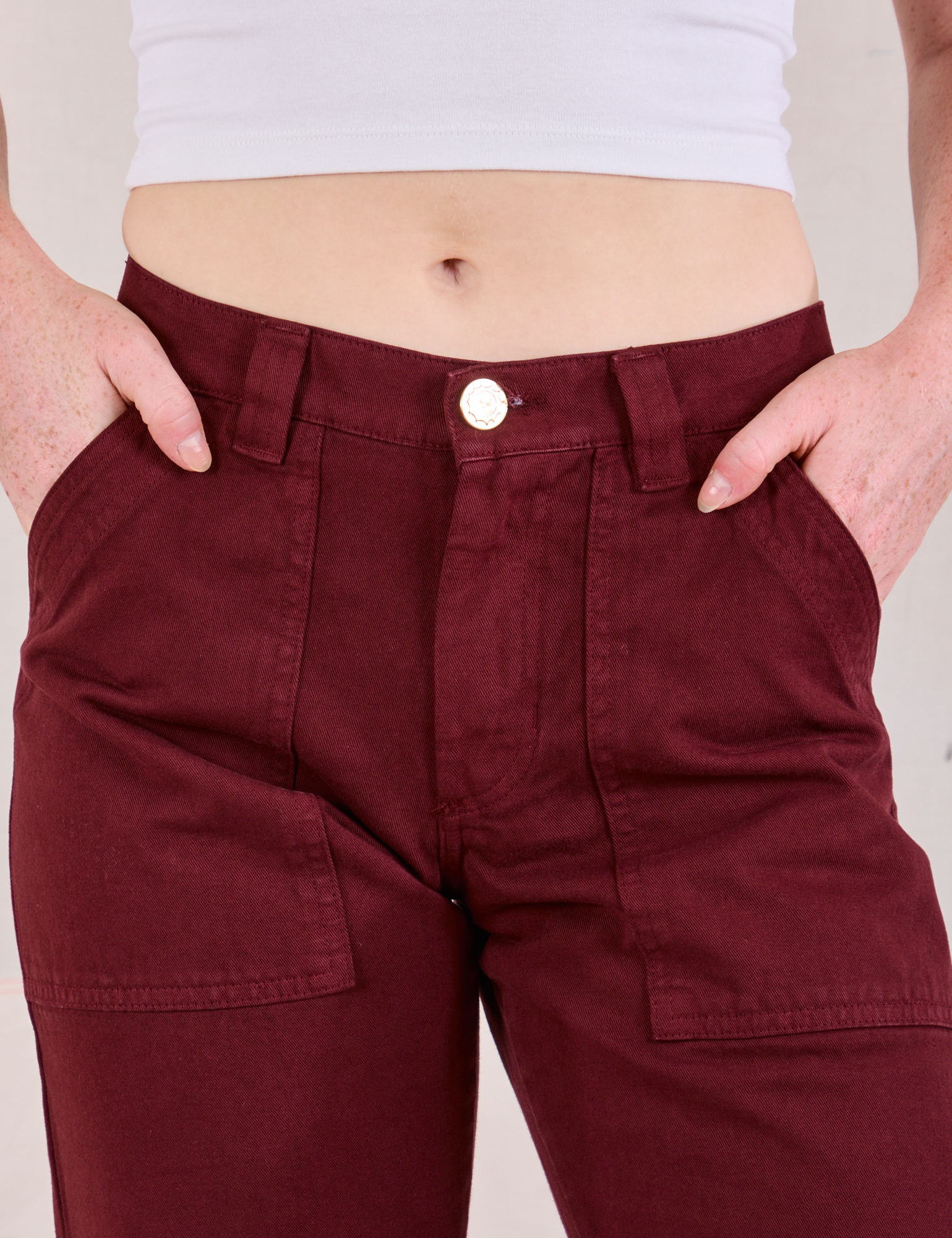 Mid-Rise Work Pants in Red Wine front close up on Margaret