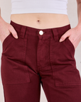 Mid-Rise Work Pants in Red Wine front close up on Margaret