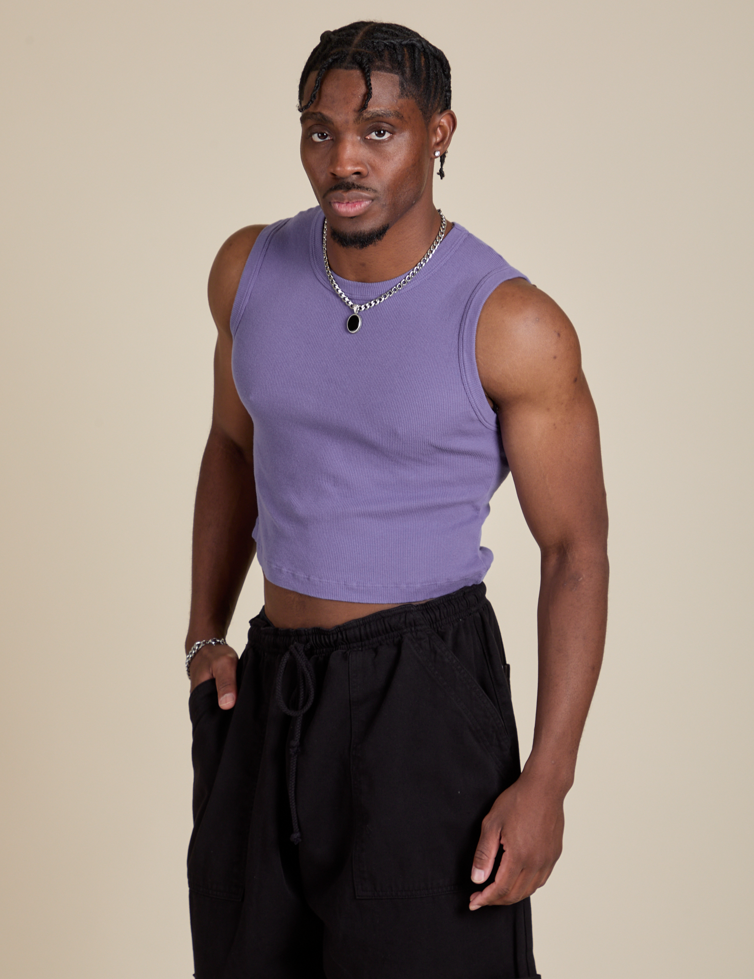 Muscle Tee in Faded Grape worn by Isaac