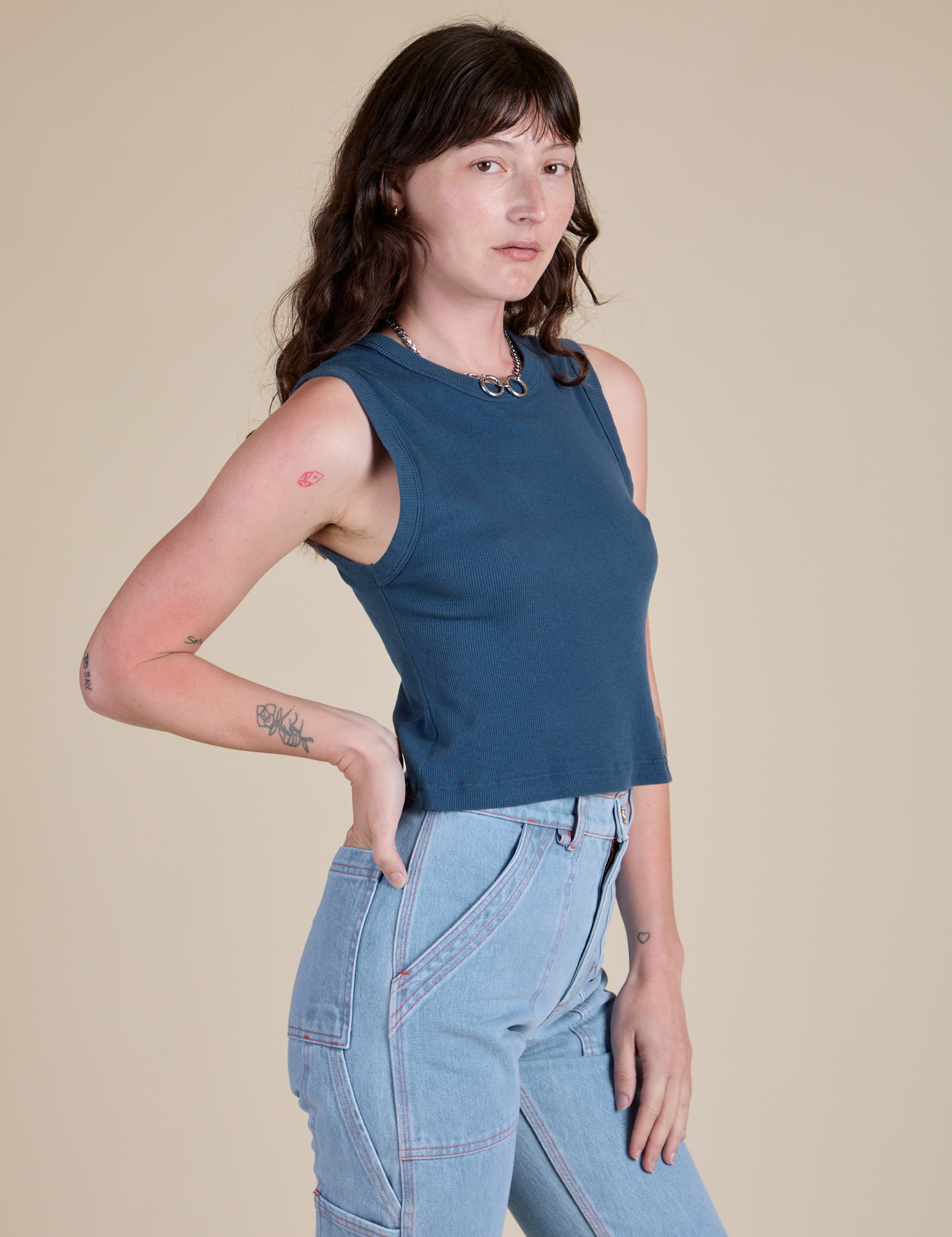 Angled front view of Muscle Tee in French Blue on Alex