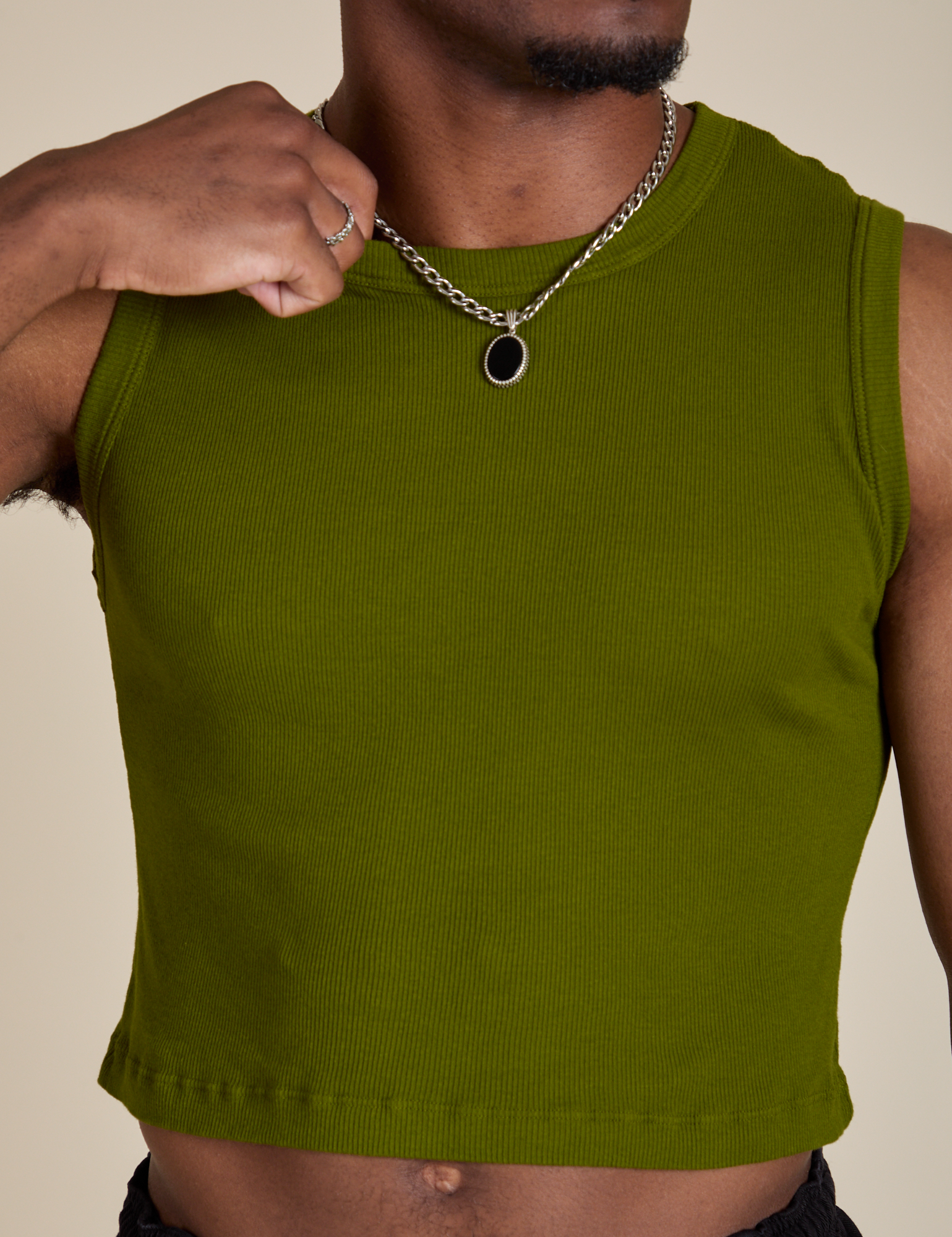 Close up of Muscle Tee in Summer Olive on Isaac