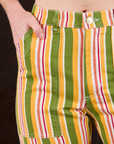 Stripe Work Pants in Vintage Sofa front pocket close up. Margaret has her hand in the pocket.