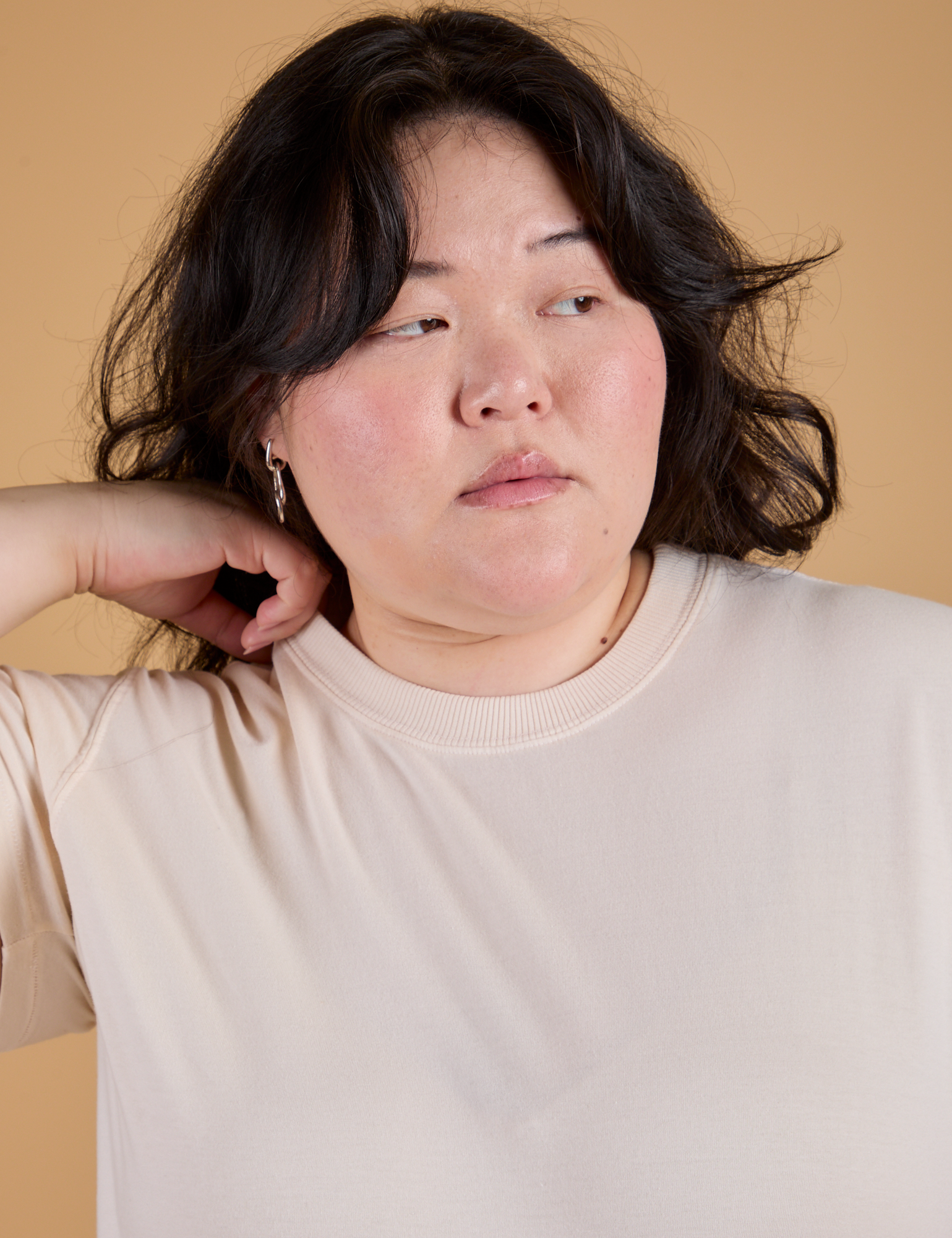 Front close up of Organic Vintage Tee in Vintage Off White on Ashley