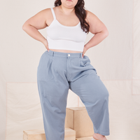 Ashley is wearing Organic Trousers in Periwinkle and vintage off-white Cropped Cami