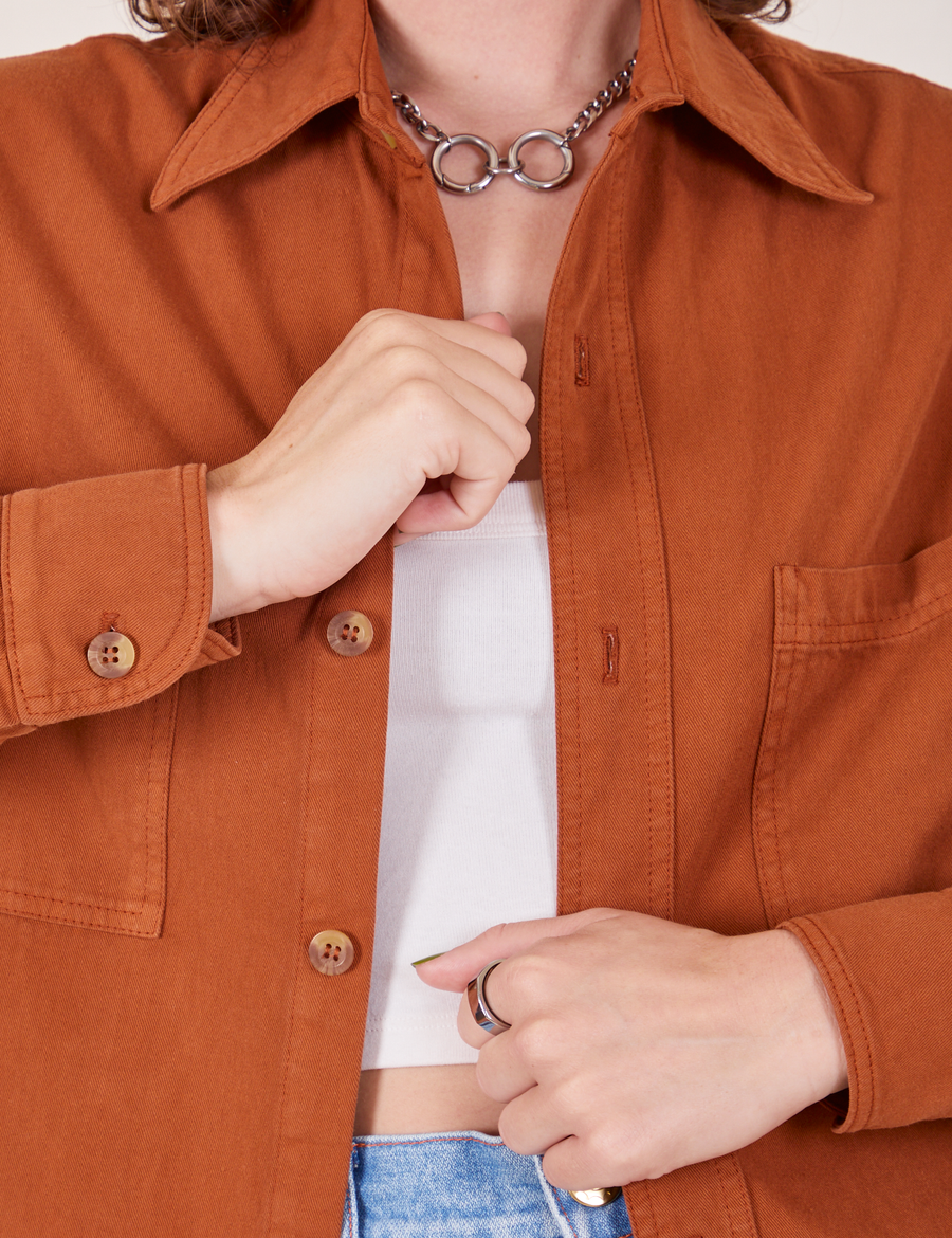 Front close up of Oversize Overshirt in Burnt Terracotta on Alex