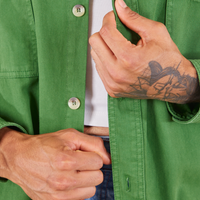 Front close up of Oversize Overshirt in Lawn Green on Jesse