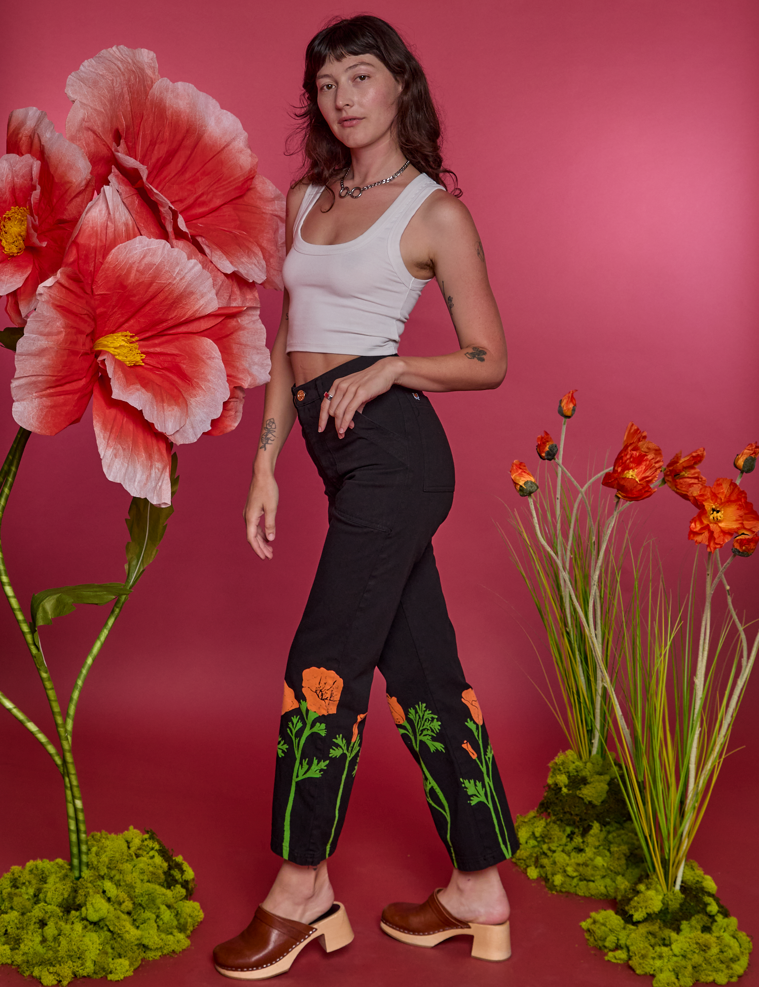 Paintstamped Work Pants in Poppy side view on Alex