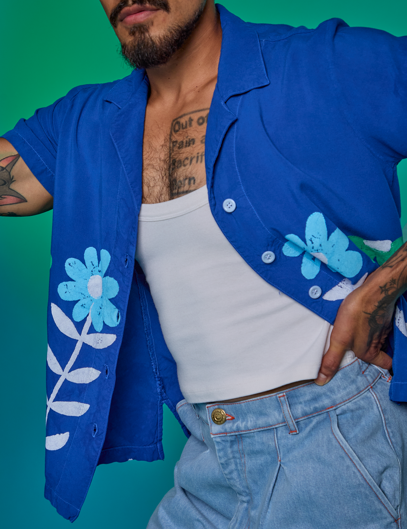 Close up of Paintstamped Pantry Button-Up in Daisy on Jesse