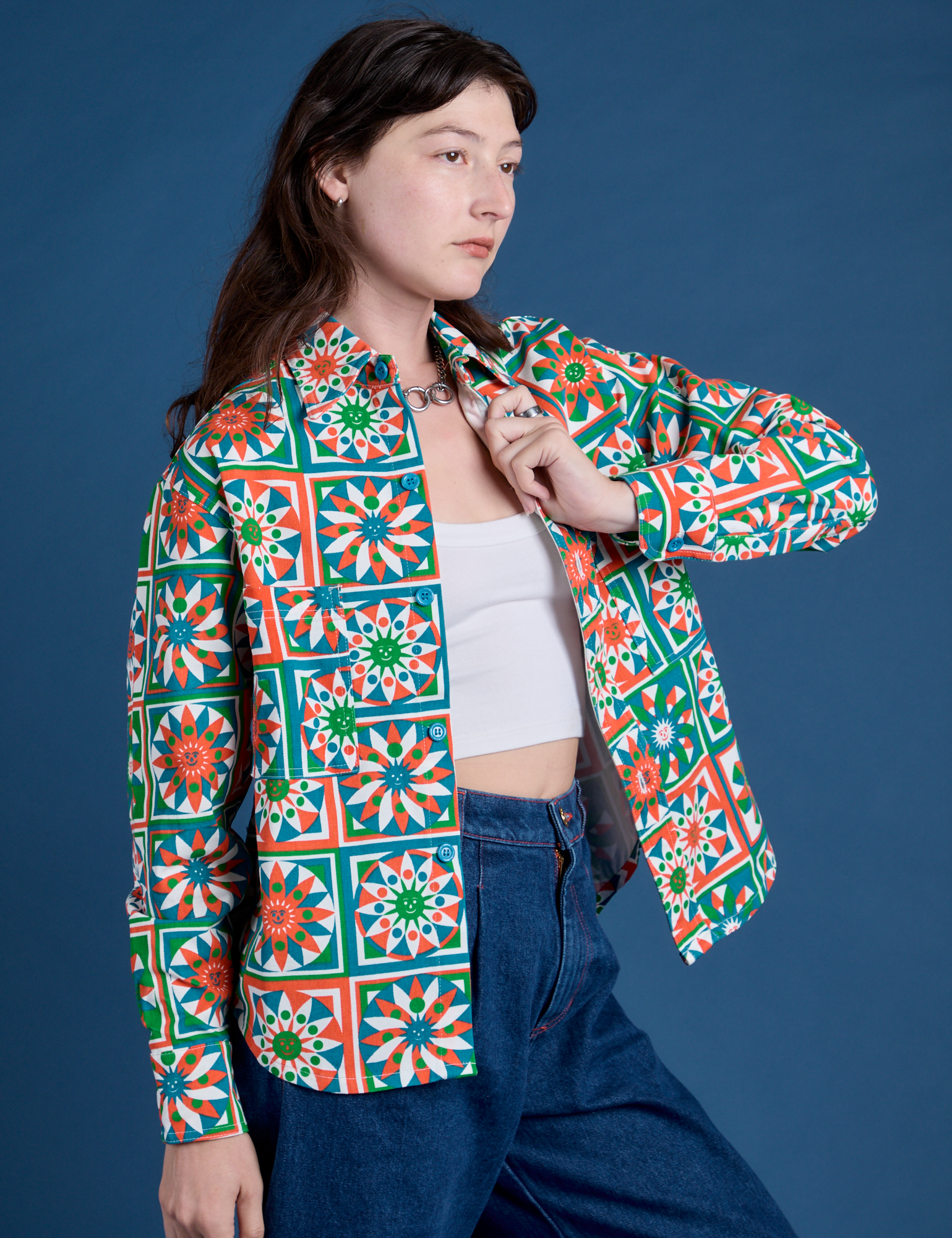 Angled front view of Cropped Overshirt in Quilt Print on Alex
