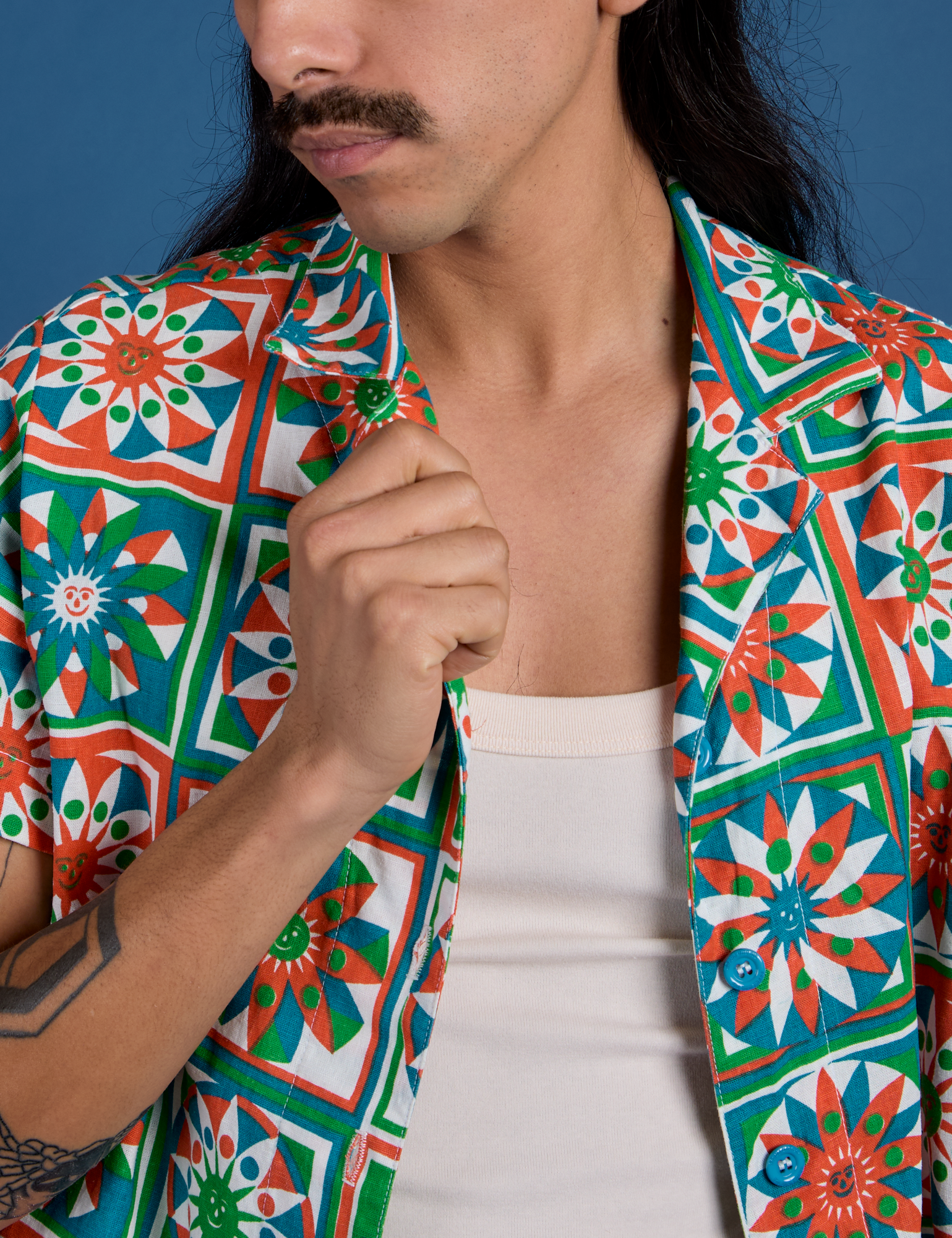 Quilt Print Pantry Button-Up front close up on Anthony