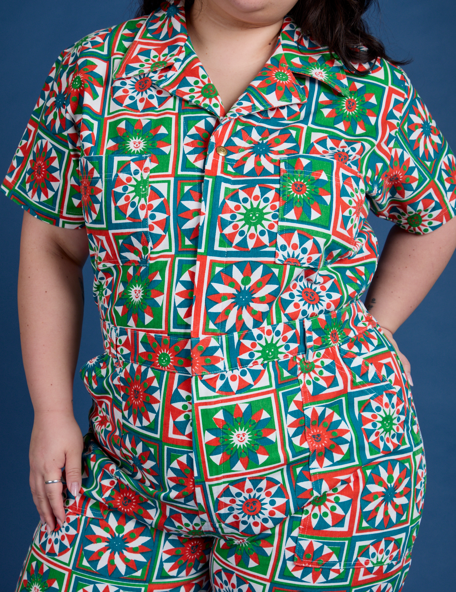 Front close up of Quilt Print Jumpsuit on Ashley