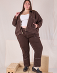 Marielena is wearing Mechanic Jacket in Fudgesicle Brown and matching Carpenter Jeans