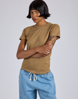 Jr. Varsity Tee in Desert Brown angled front view on Kira