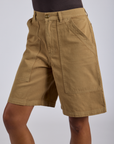 Close up of Longline Work Shorts in Desert Brown on Kira