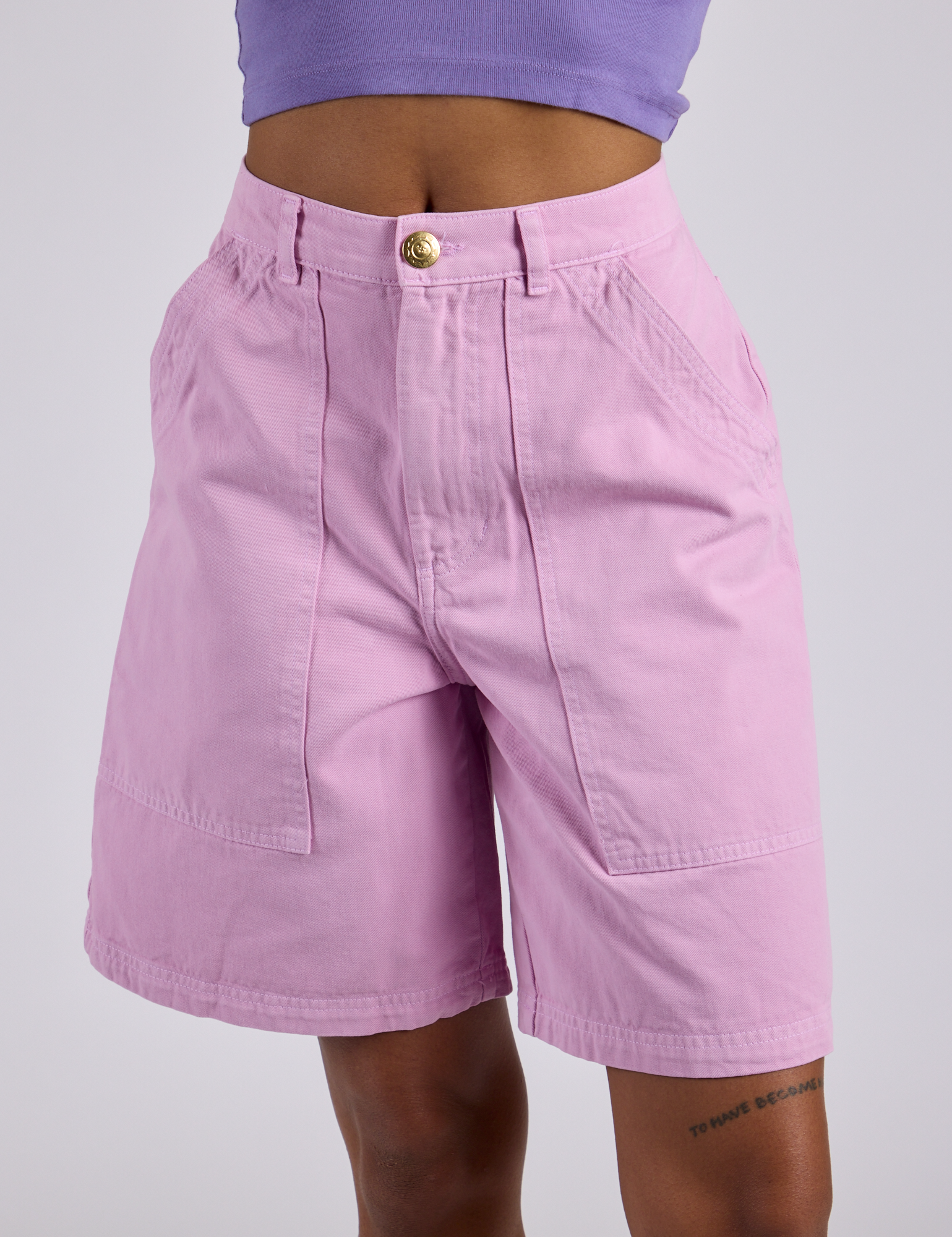 Longline Work Shorts in Lilac Purple front close up on Kira