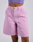 Longline Work Shorts in Lilac Purple front close up on Kira