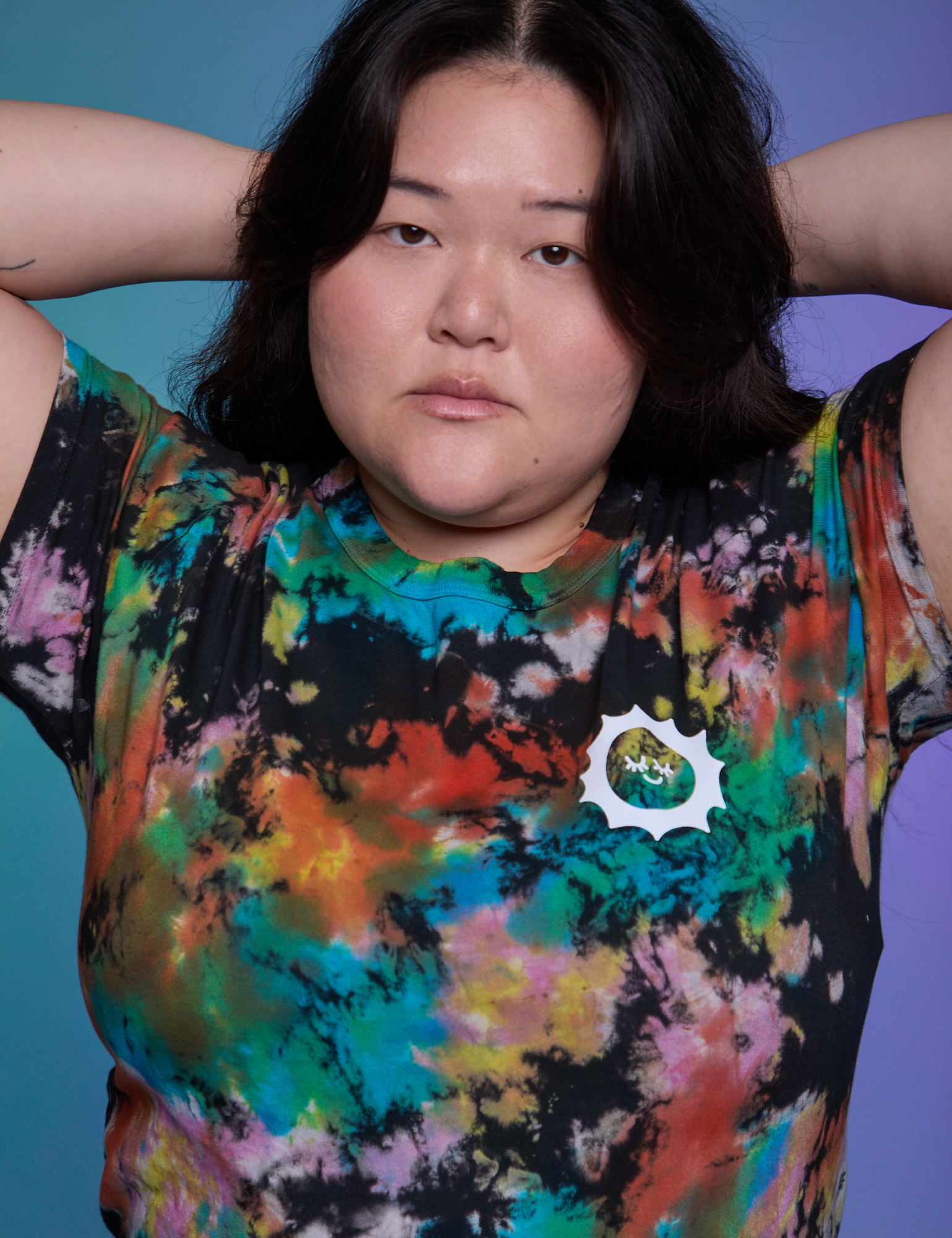 Classic Tee in Rainbow Magic Waters front close up on Ashley