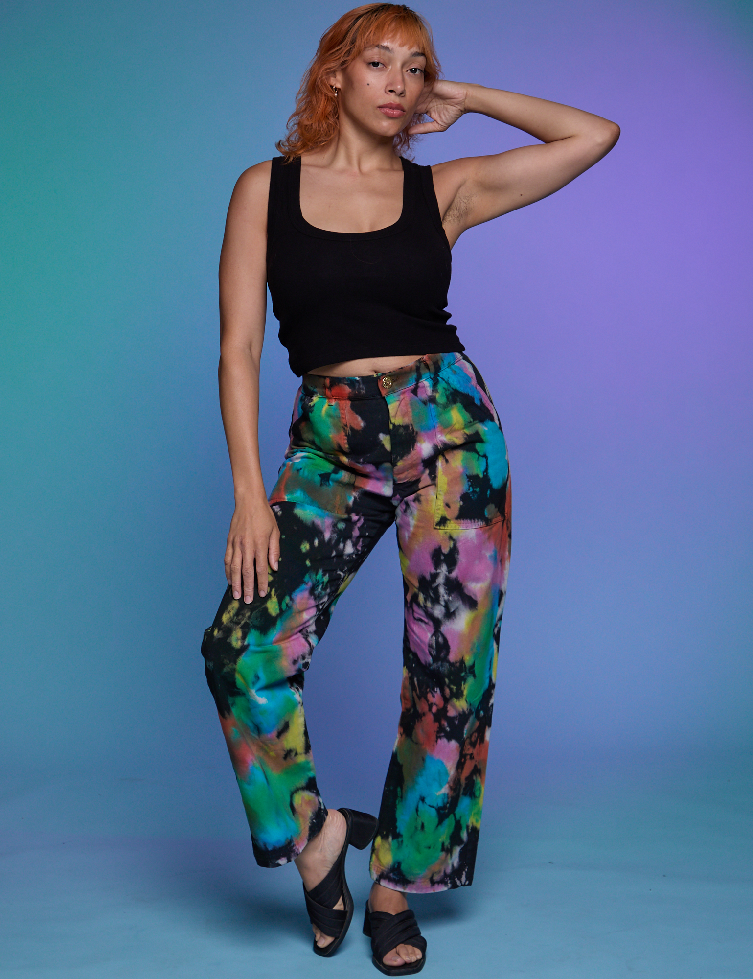 Work Pants in Rainbow Magic Waters and black Cropped Tank on Tiara