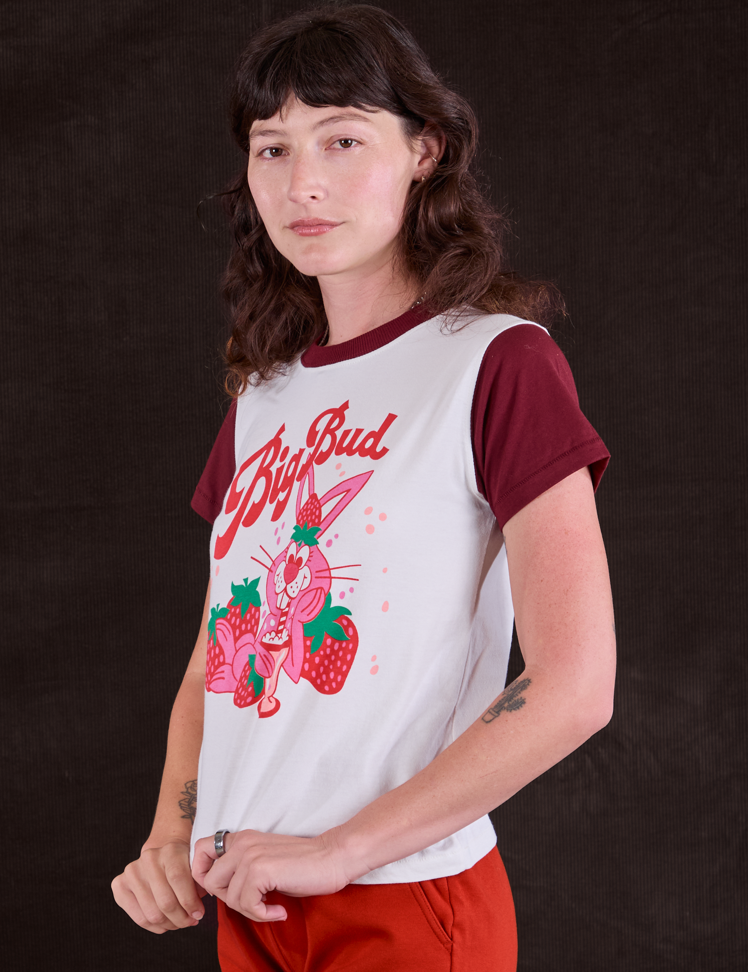 Vintage Tee in Strawberry Milk angled front view on Alex