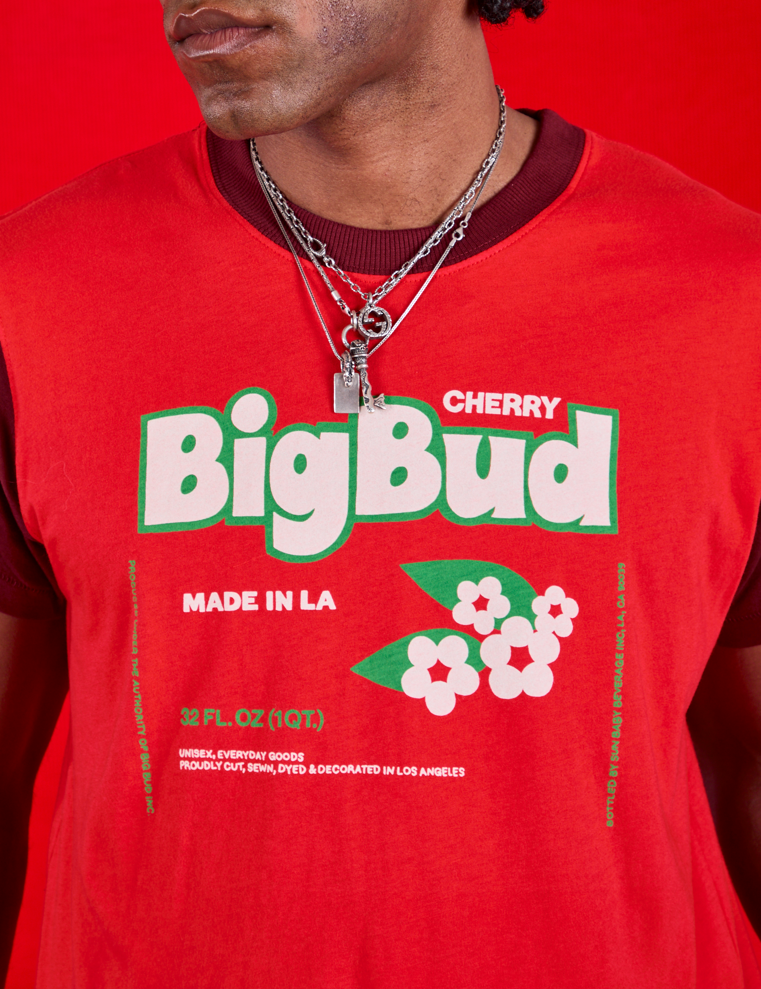 Vintage Tee in Cherry Soda front close up on Jerrod