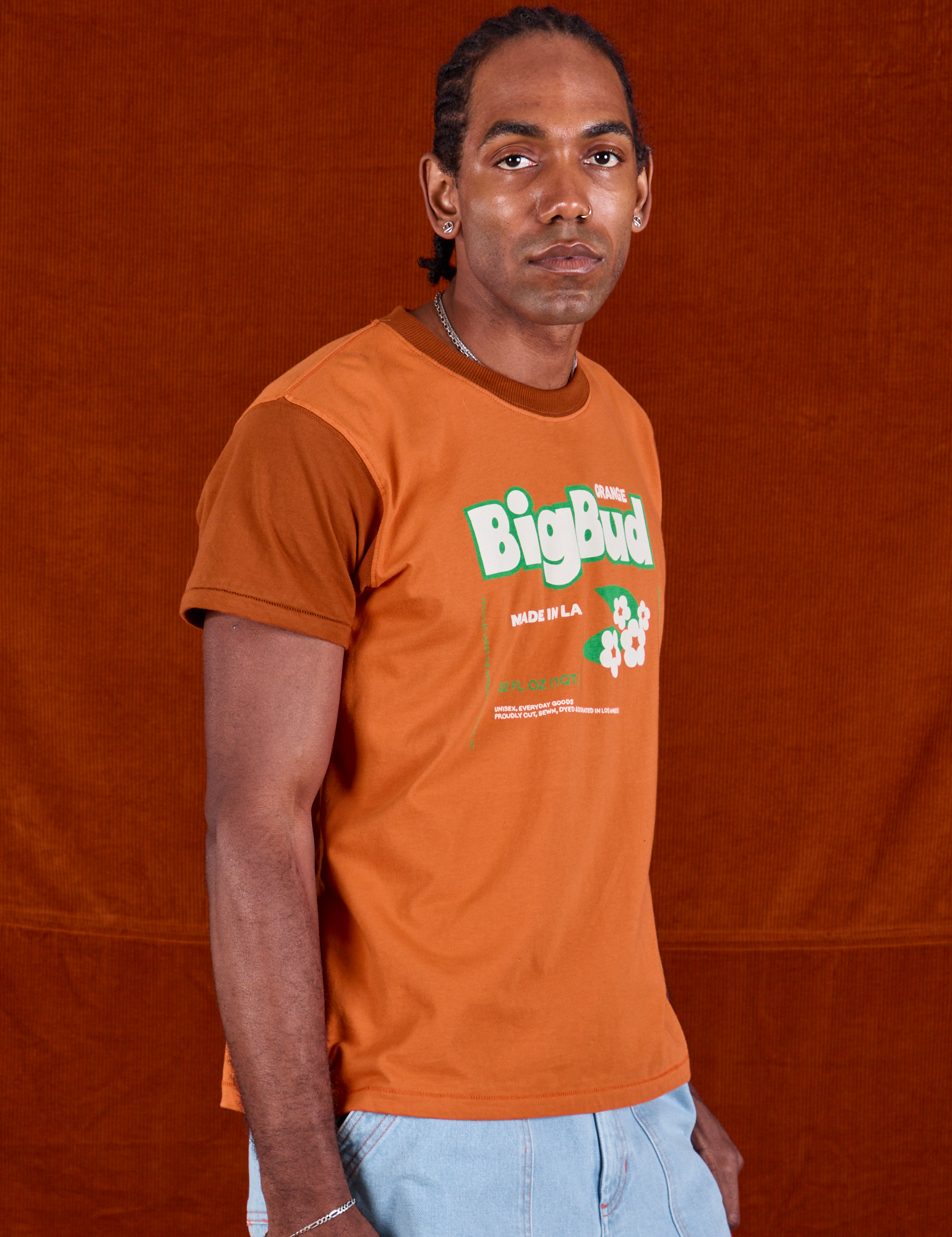 Vintage Tee in Orange Soda side view on Jerrod