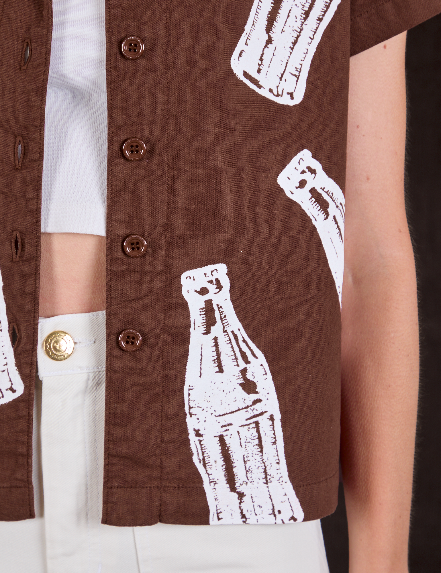Soda Bottle Pantry Button-Up in Fudgesicle Brown front close up on Madeline