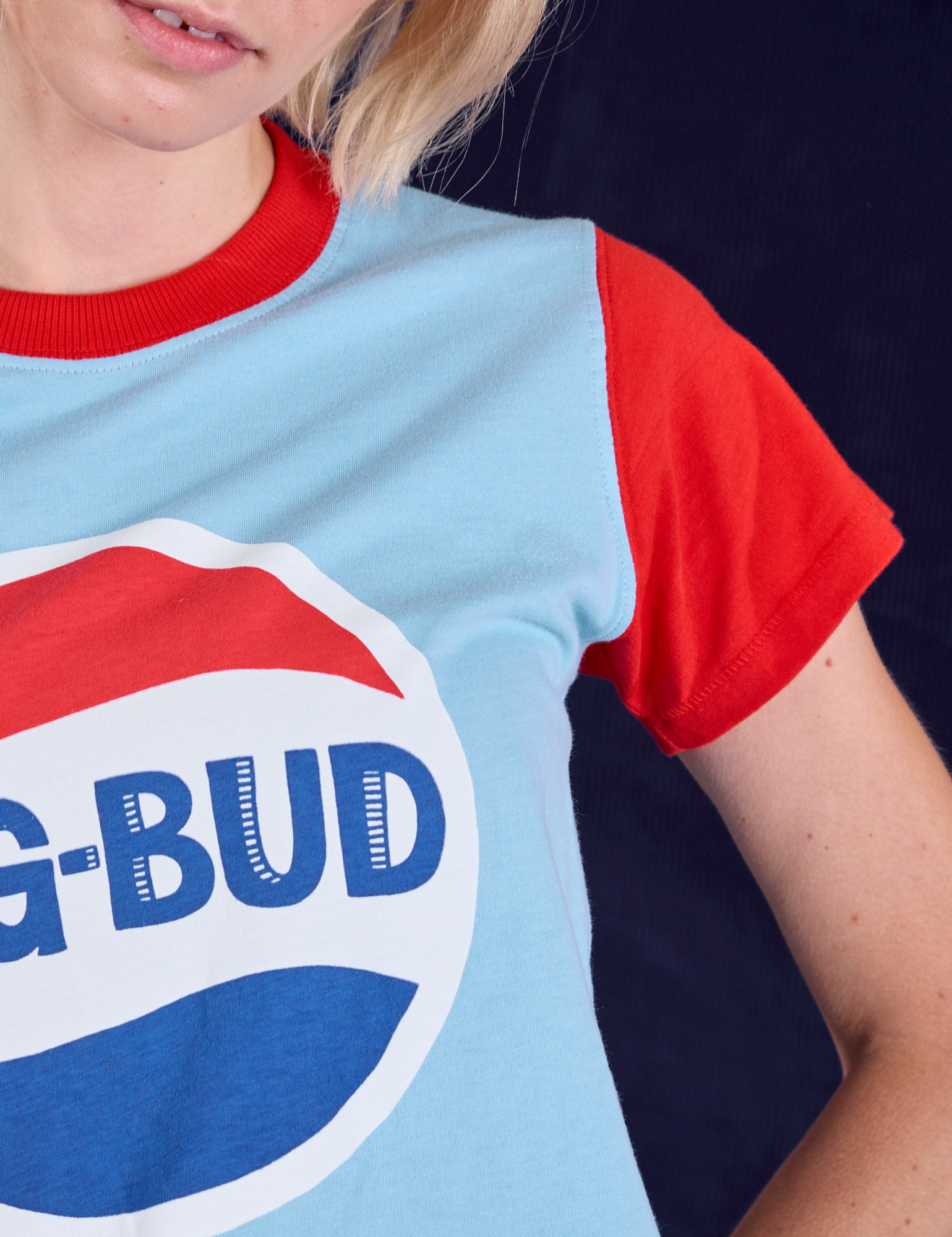 Vintage Tee in Cola shoulder close up on Madeline