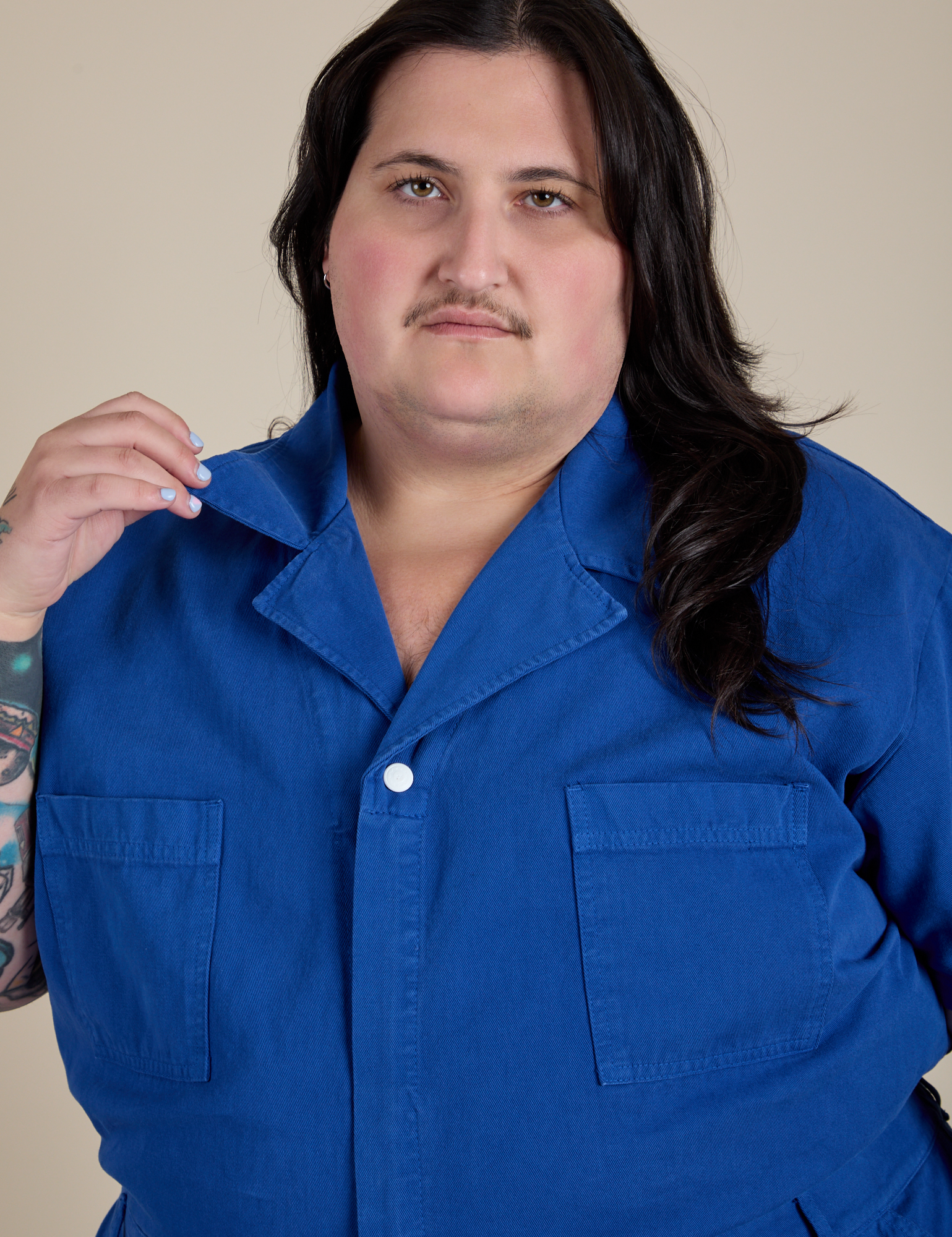 Front close up of Short Sleeve Jumpsuit in Royal Blue on Sam