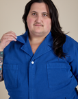 Front close up of Short Sleeve Jumpsuit in Royal Blue on Sam