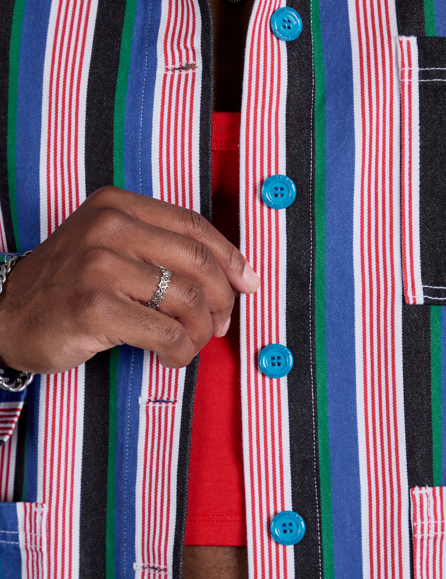 Stripe Work Jacket in Pacific Stripe close up on Isaac