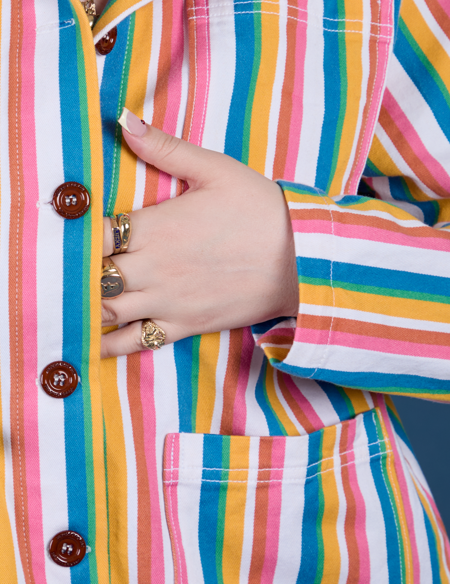 Front close up of Stripe Work Jacket in Rainbow Stripe on Sydney