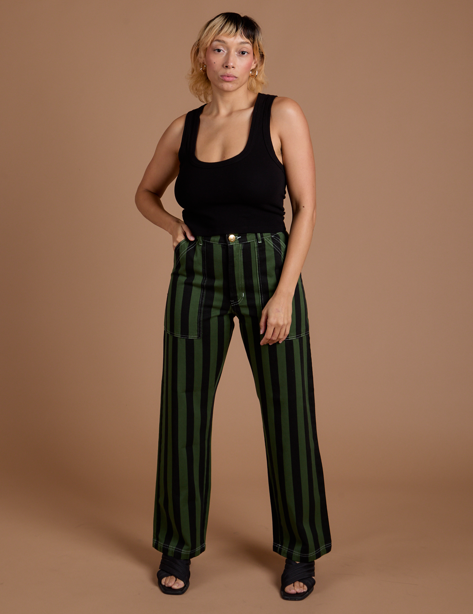 Black Stripe Work Pants in Evergreen on Tiara