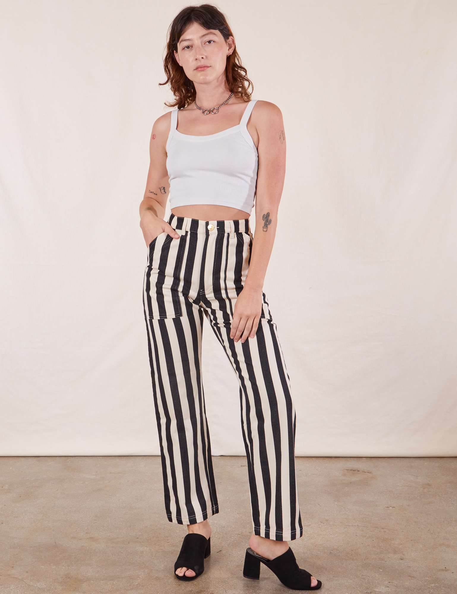 Black and white top striped crop pants