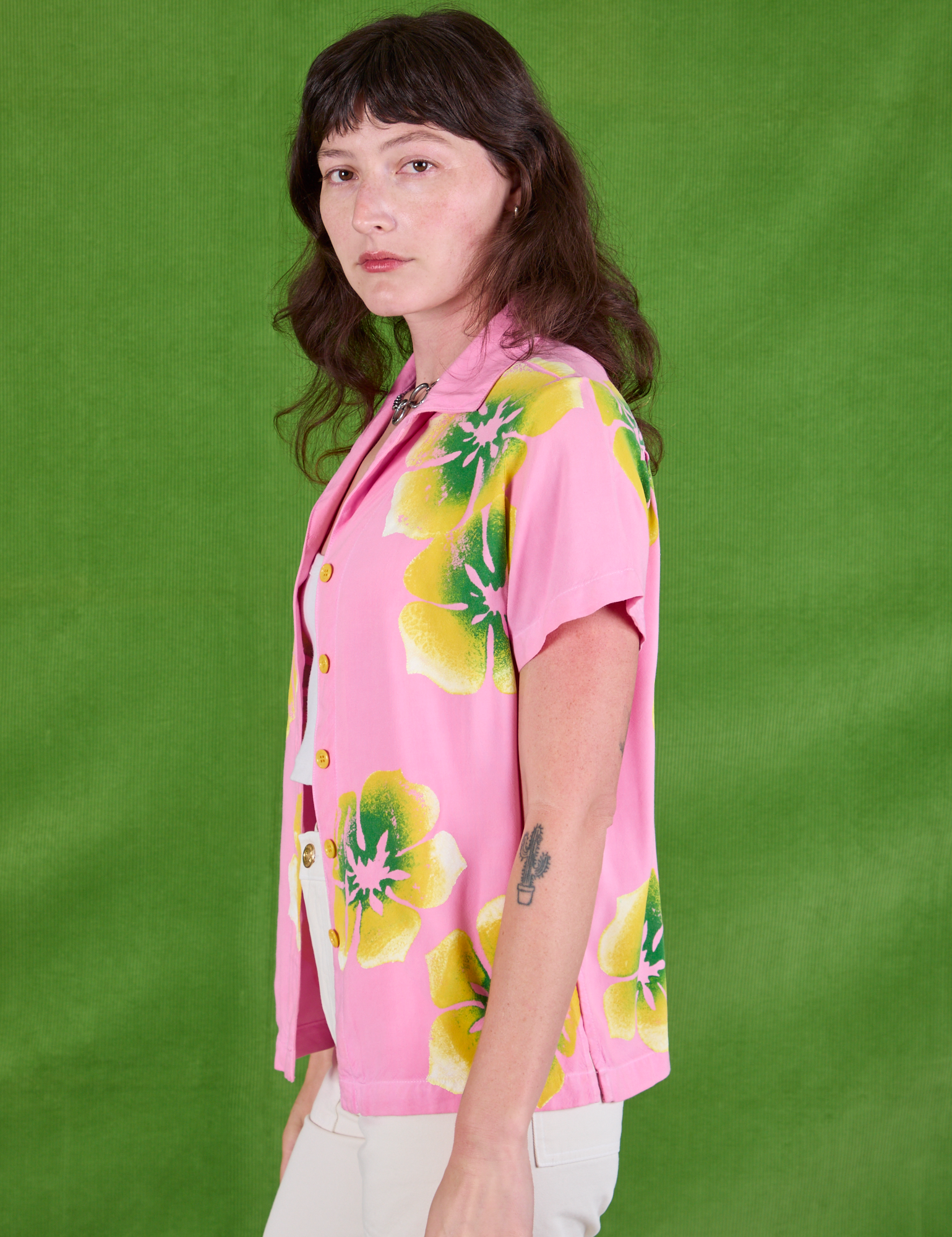Paintstamped Pantry Button-Up in Bubblegum Pink side view on Alex