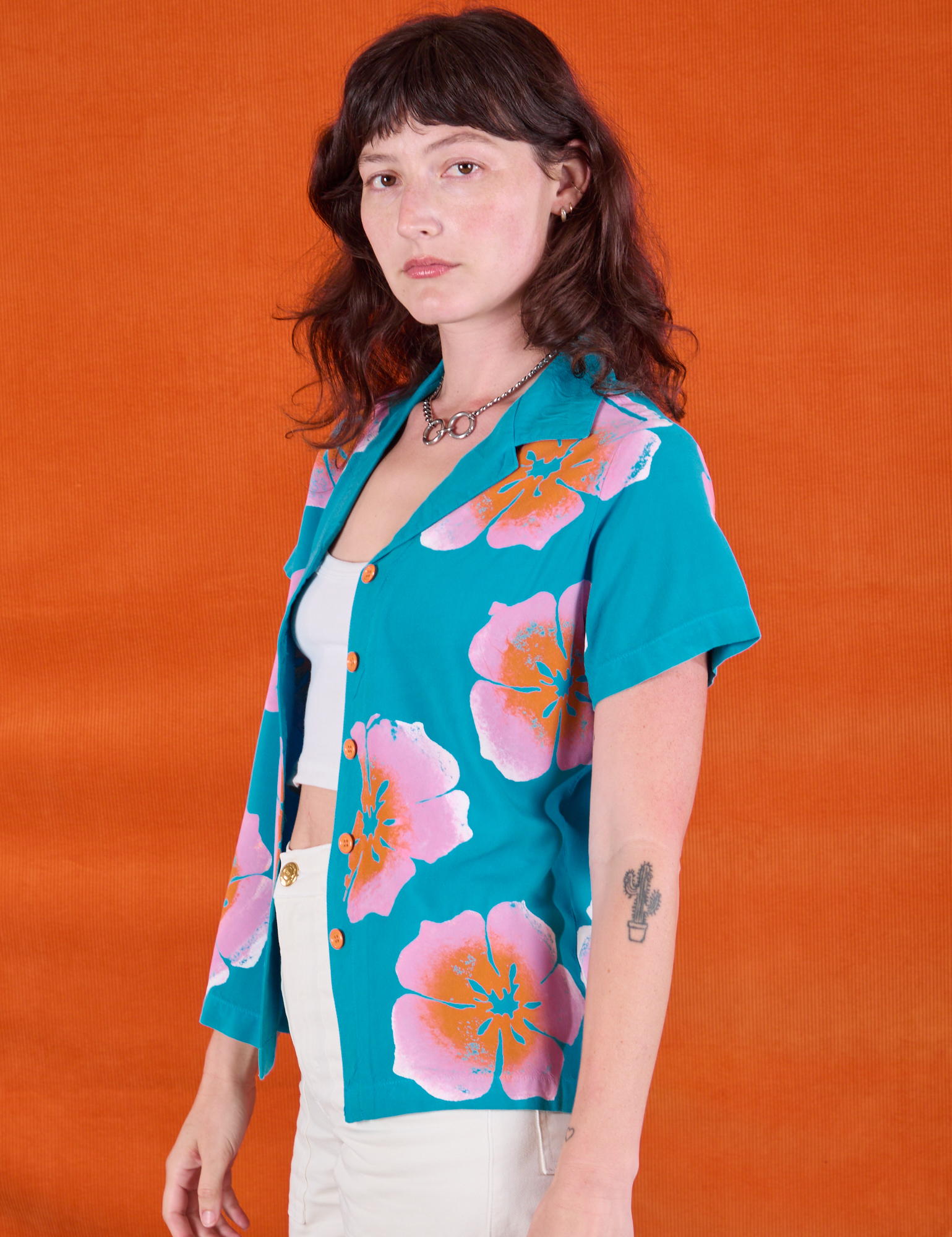 Paintstamped Pantry Button-Up in Hawaiian Blue side view on Alex