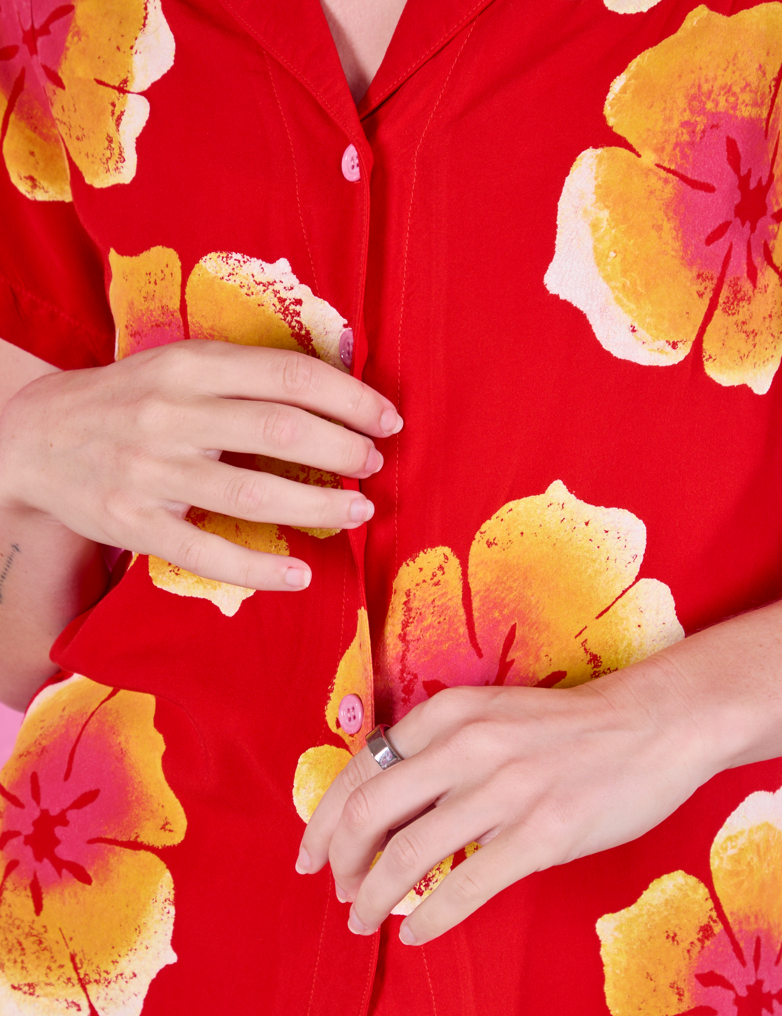 Paintstamped Pantry Button-Up in Mustang Red front close up on Alex