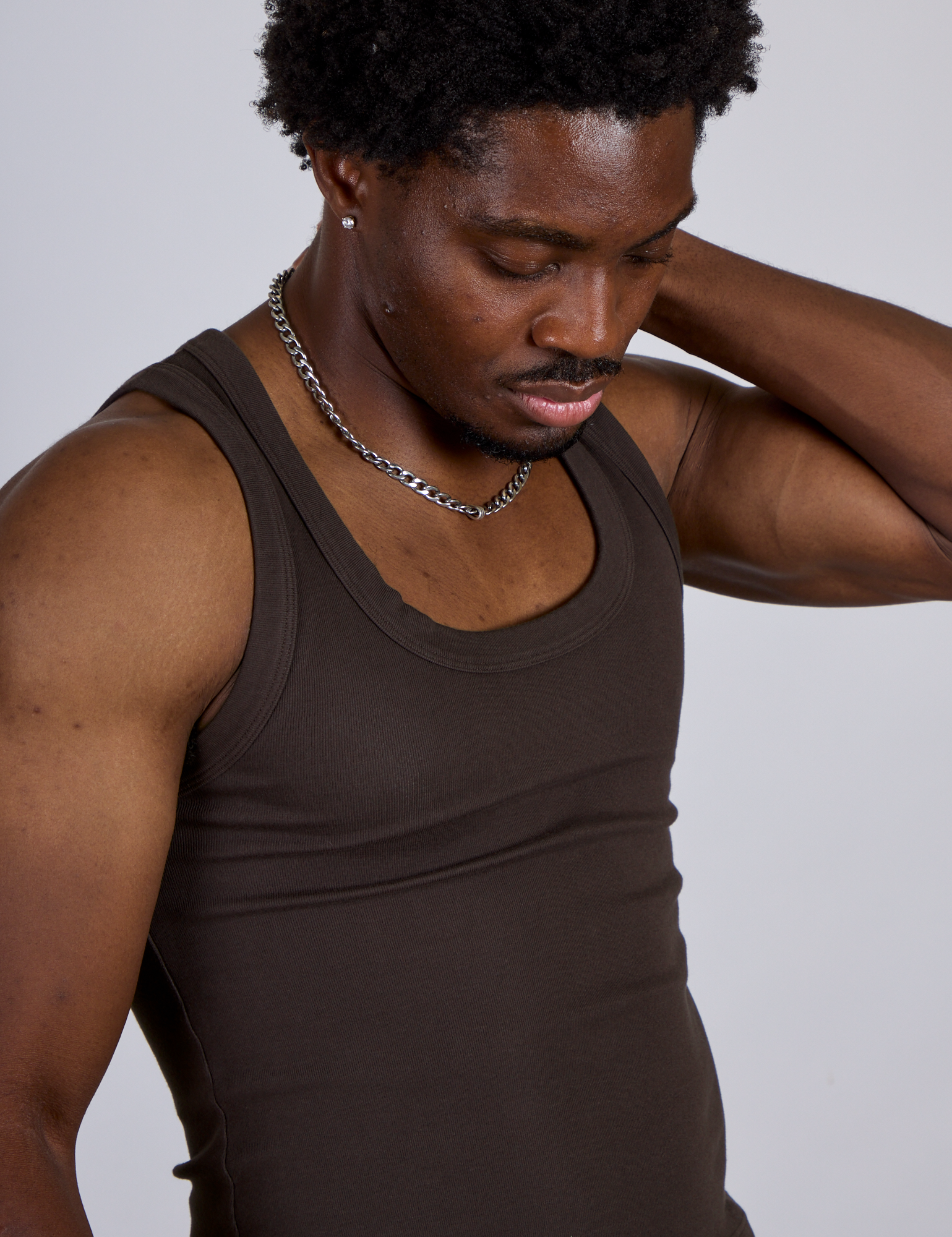 Close up of The Tank Top in Espresso Brown on Isaac