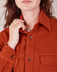 Front close up of Flannel Overshirt in Paprika on Alex