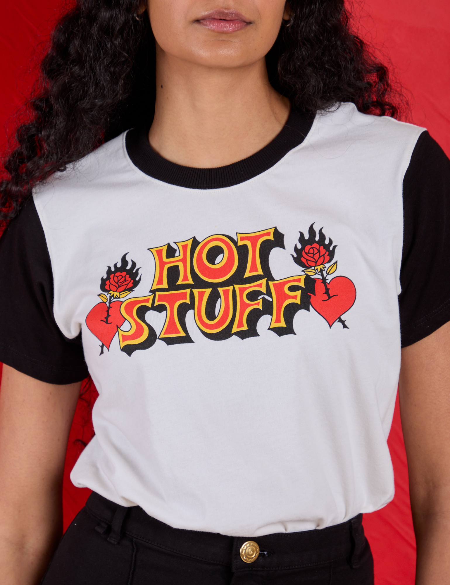 Front close up of Vintage Tee in Hot Stuff on Shahana