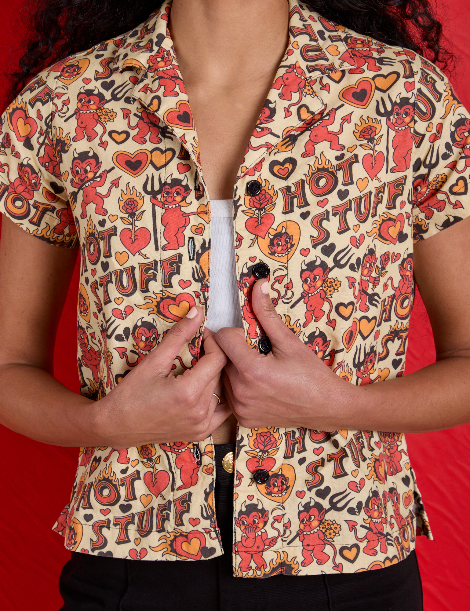 Front close up of Hot Stuff Print Pantry Button-Up on Shahana