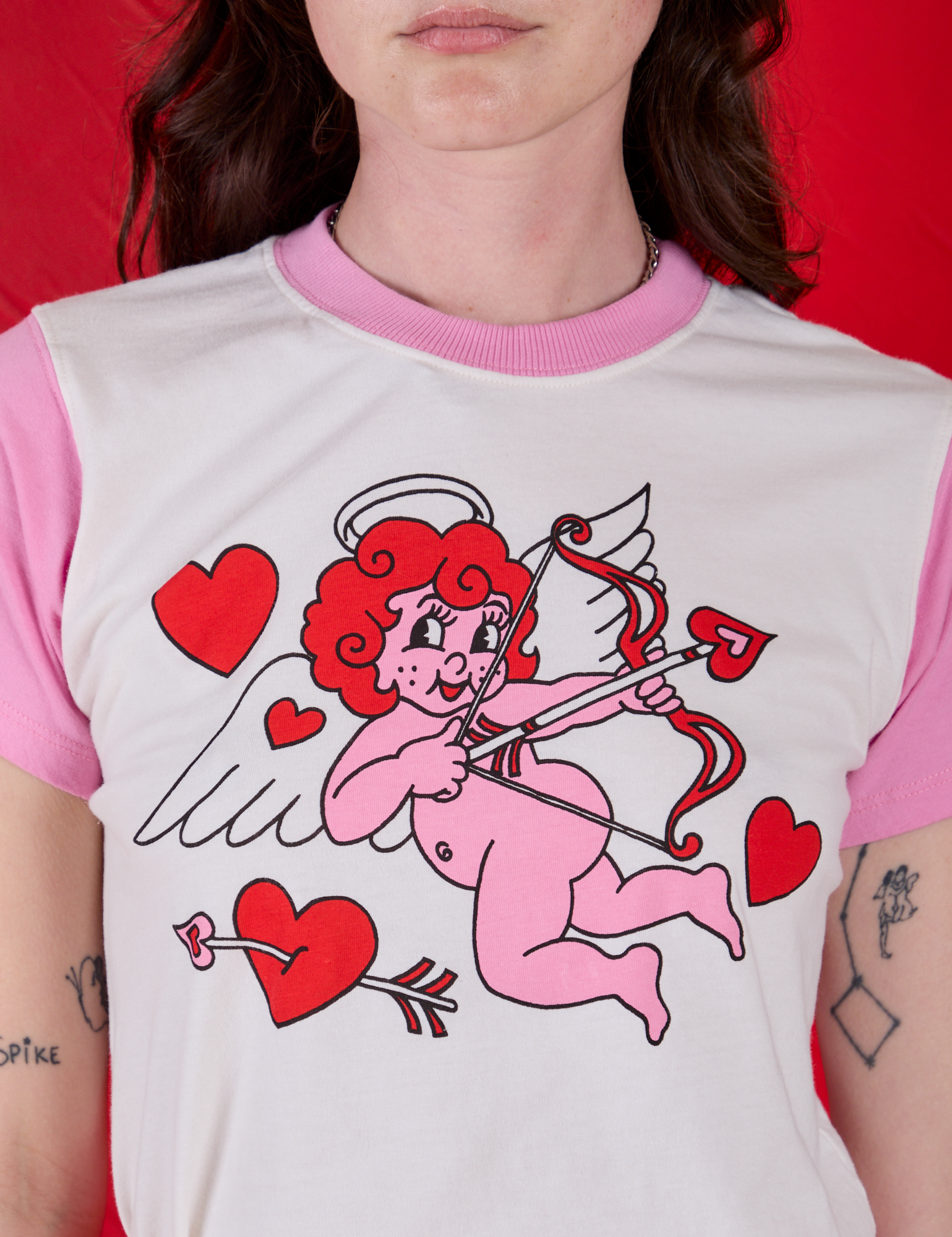 Front close up of Vintage Tee in Cupid on Alex
