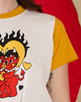Vintage Tee in Devil Lovers front shoulder close up on Alex