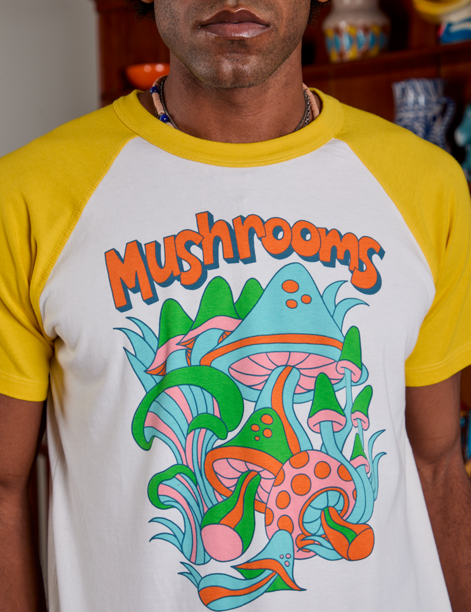 Front close up of Short Sleeve Raglan Tee in Mushrooms on Jerrod