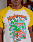 Front close up of Short Sleeve Raglan Tee in Mushrooms on Jerrod