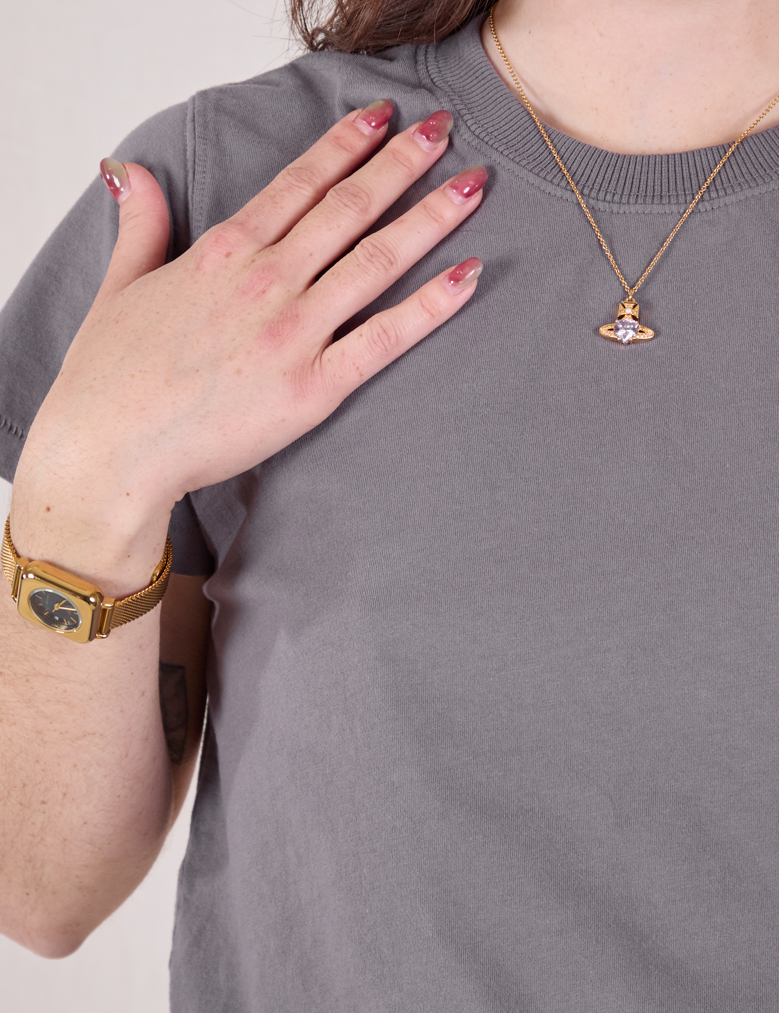 Organic Vintage Tee in Washed Grey front close up on Hana